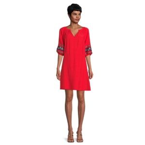 The Pioneer Woman Split Neck Shift Dress in Scarlet Midi Puff Sleeves